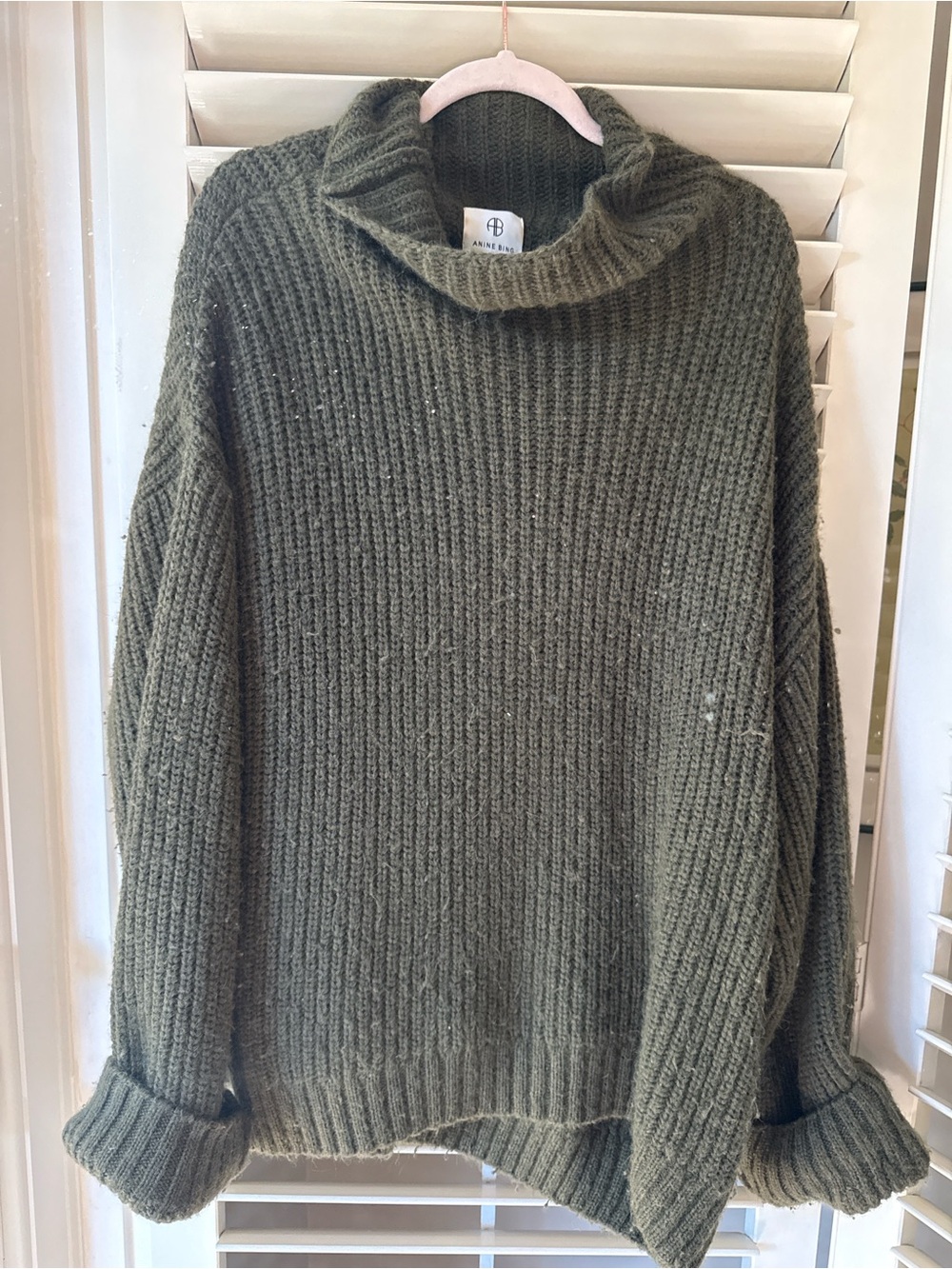 Anine Bing Olive Ribbed Cowl Neck Sweater
